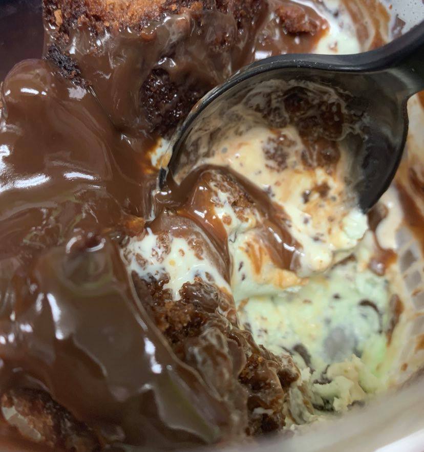 melted ice cream with hot fudge